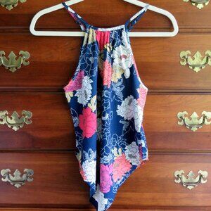 BOG Collective XS Sleeveless Handkerchief High Neck Navy Floral Print Blouse